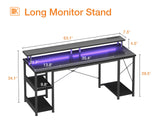 ODK 63 inch Computer Desk with Power Outlets & LED Lights, Gaming Desk with Monitor Stand & Storage Sheves, Home Office Desk, Black ODK