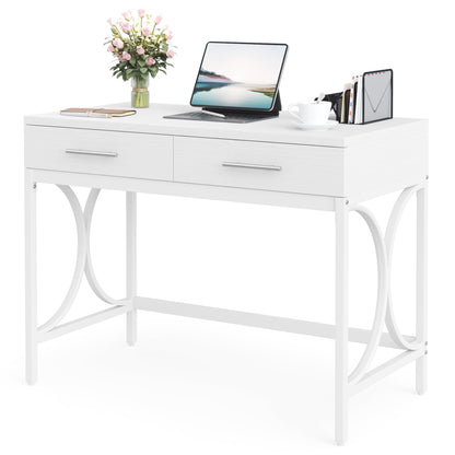 Tribesigns Modern Computer Desk with 2 Drawers, 41 Inches Study Writing Office Desk for Home Office, Bedroom, Makeup Vanity Table Desk with Metal Frame, White - WoodArtSupply