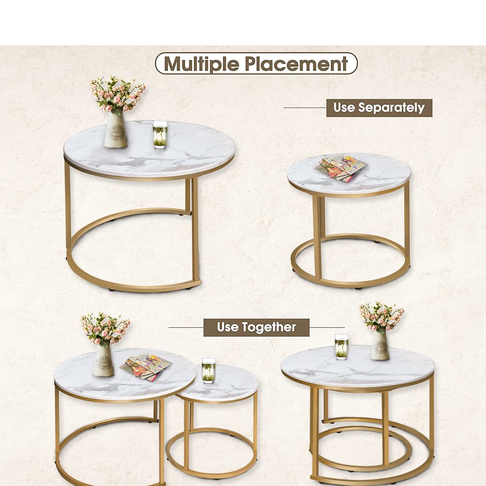 aboxoo Coffee Table Nesting White Set of 2 Side Set Golden Frame Circular Round and Marble Pattern Wooden Tables, Living Room Bedroom Apartment Modern Industrial Simple Nightstand