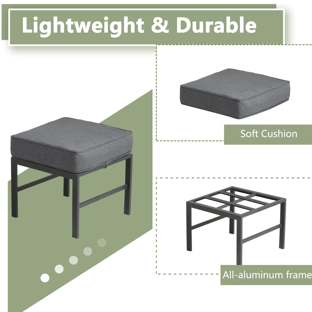 Auzfy 2 Pieces Outdoor Ottomans for Patio, No-Assembly Aluminum Outdoor Patio Footstool with Gray Cushions, Small Aluminum Patio Seat for Porch Yard Garden Deck, Grey Frame Auzfy