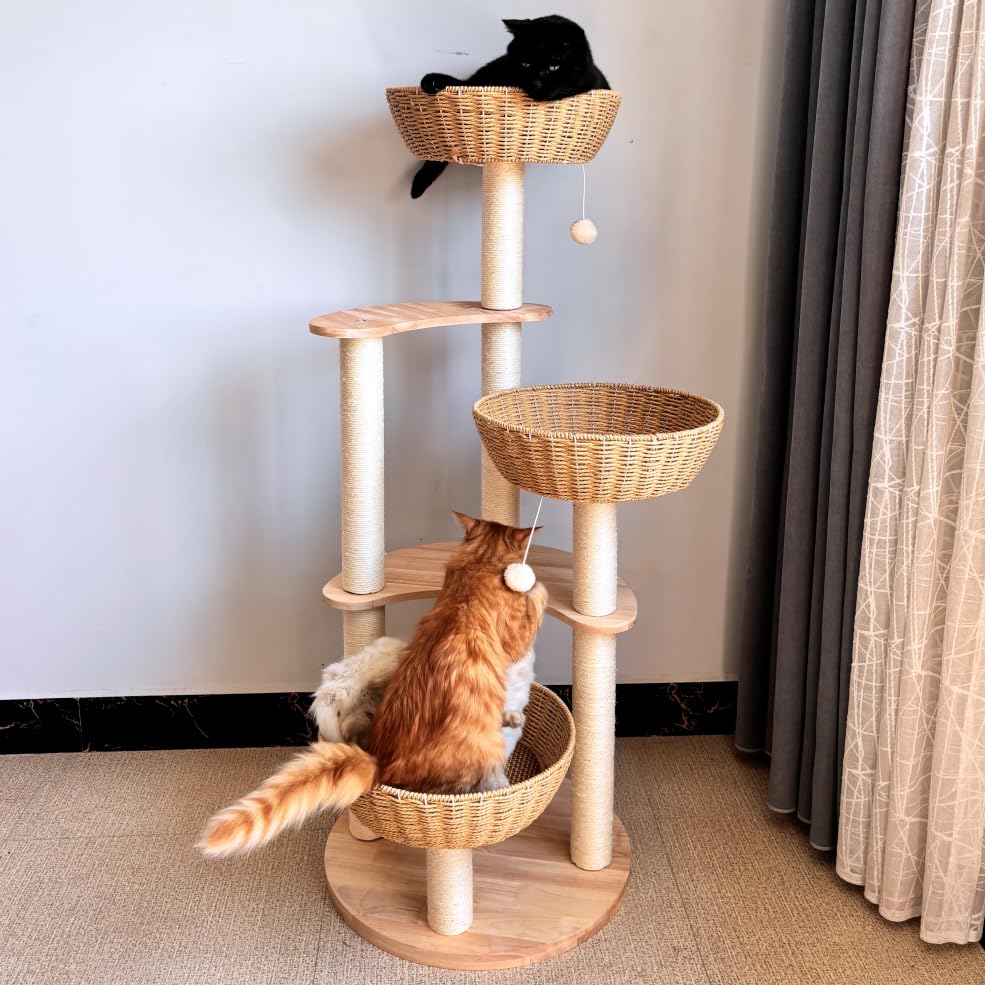54" Modern Cat Tree for Large Cats, Wood Luxury Multi-Level Oak Solid Wood Cat Trees Cat Towers with 3 Rattan Weaving Cat Nests & Washable Cushions, Sisal Scratching Posts, for Indoor Cats-Lacquered MewJoyee