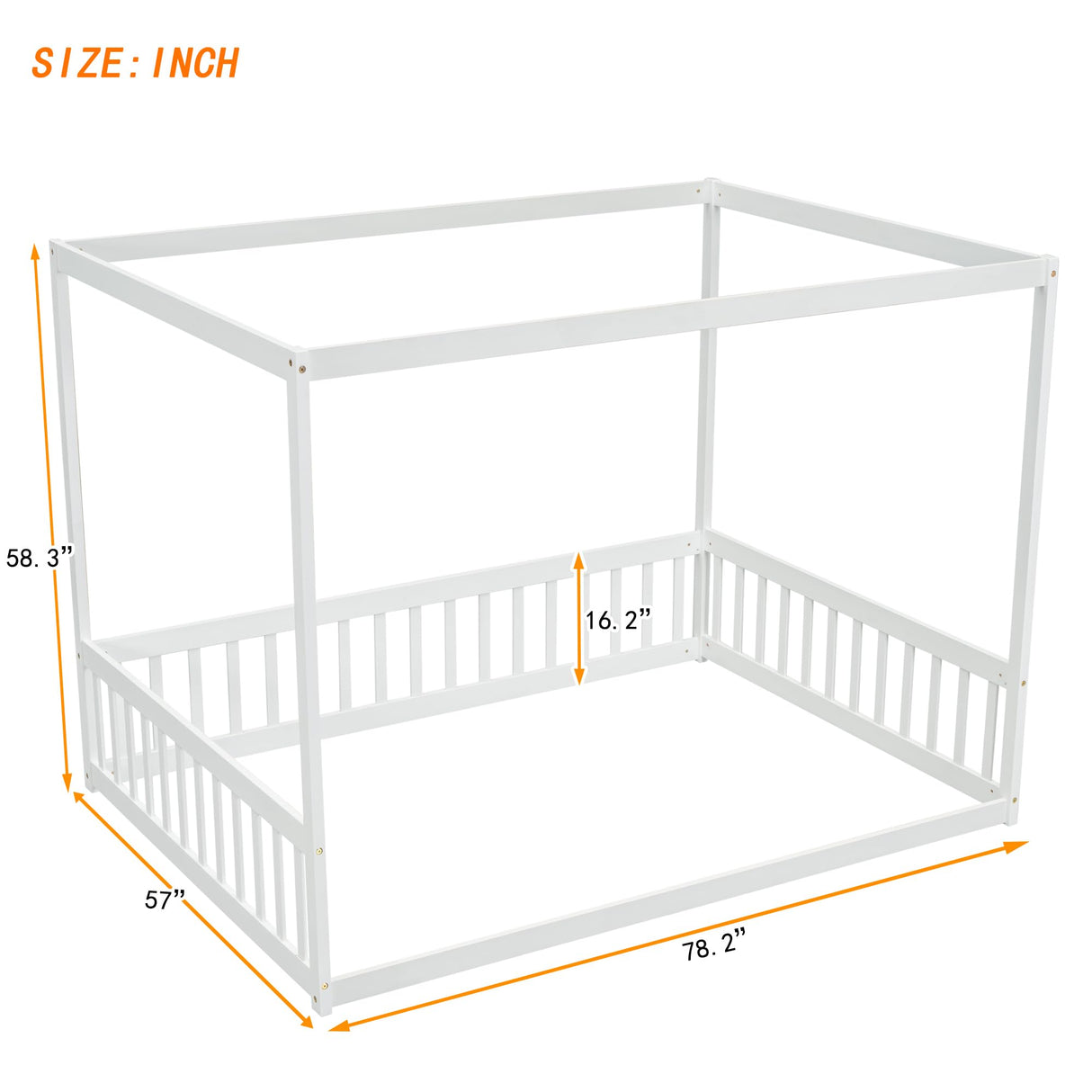 Full Size Canopy Bed Frame with Guardrails for Kids,Floor Bed Full with Four Poster Design,Kids Montessori Floor Bed,Wood Canopy Bed Frame for Girls,Boys(Full,White) Bellemave