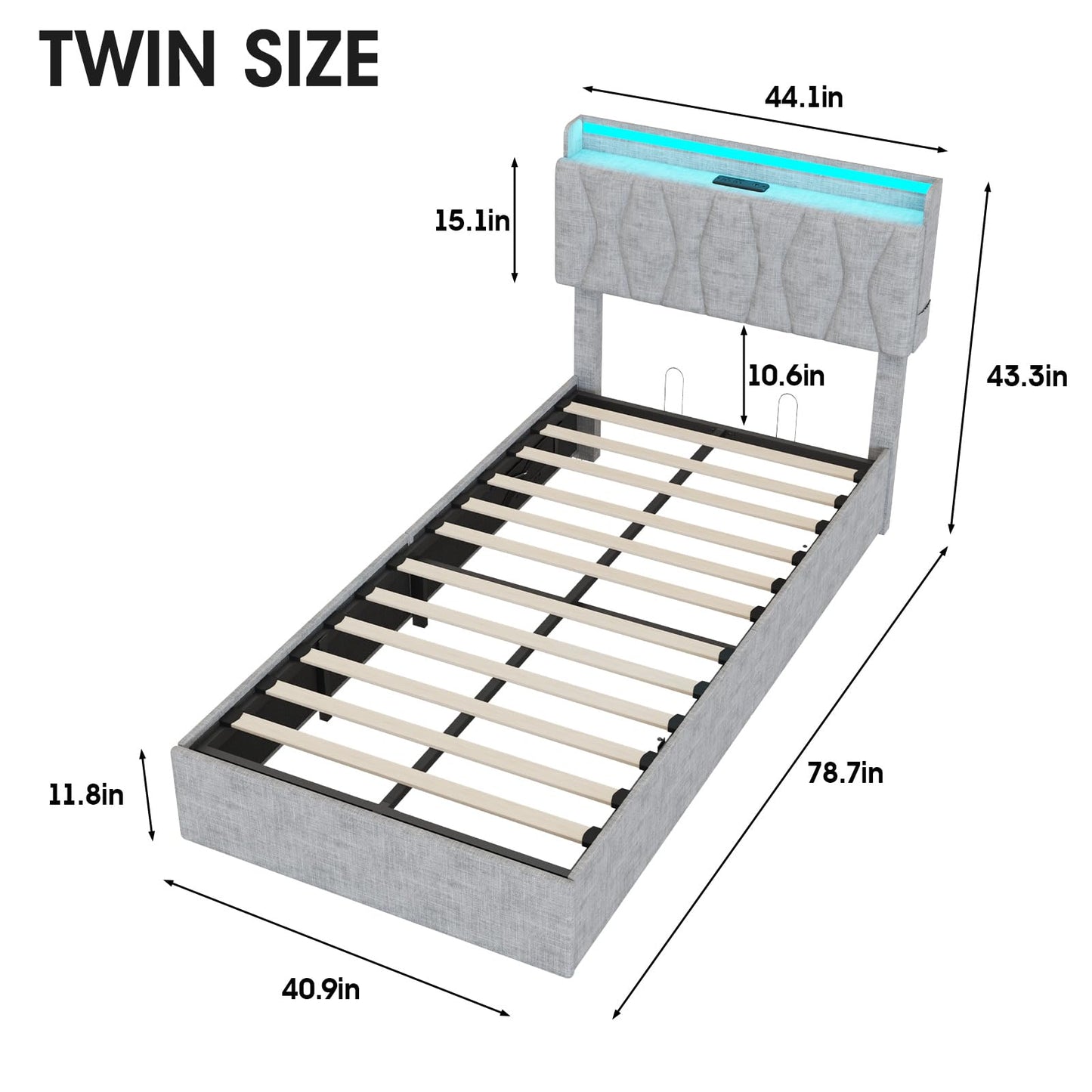 Twin Size Lift Up Storage Bed Frame with Adjustable Headboard, Charging Station, LED Lights, Wood Slats, Noise-Free, No Box Spring Needed, Light Grey