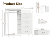 KKL 43" W White Dresser for Bedroom with Hanging Rack, Reversible 6 Drawers Dresser with Led Lights & Charging Station, Fabric Closet Dressers & Chest of Drawers with Clothes Rack for Girls, Kids KKL