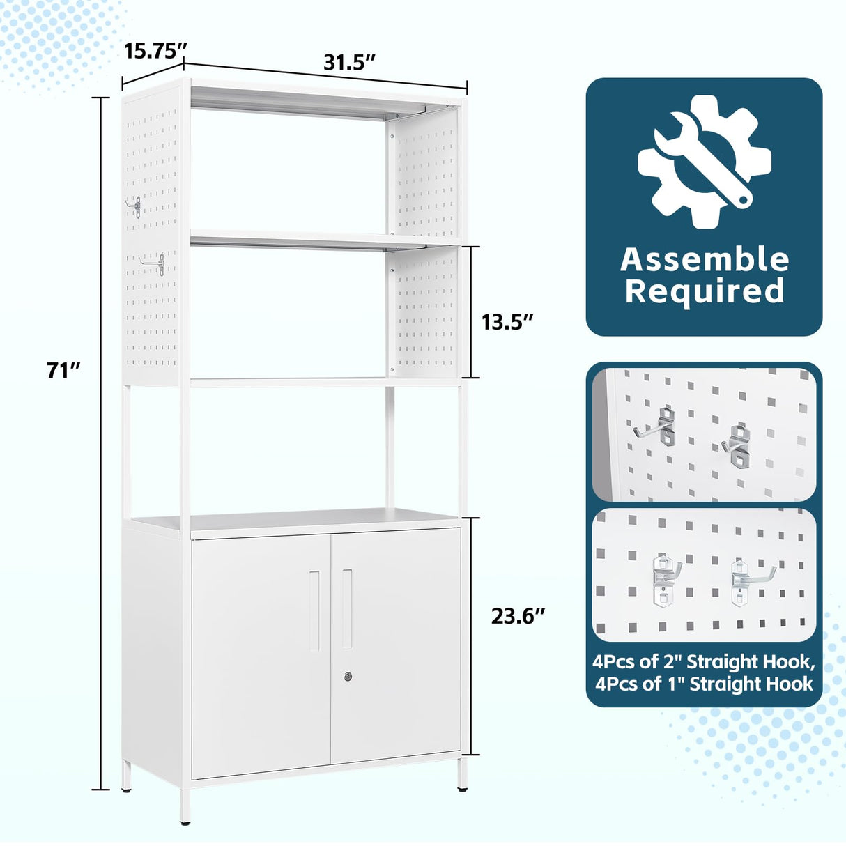 MIIIKO Metal Storage Cabinet with Shelves, 71" Tall Steel Stand Rack Shelf with Pegboard, Home Office Bookcase with Display Shelf MIIIKO