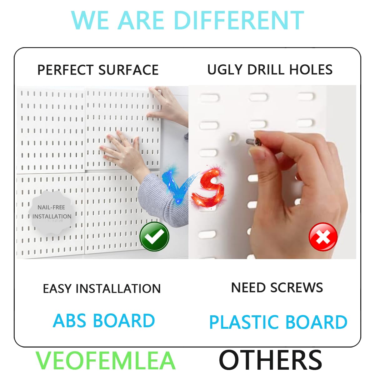 VEOFEMLEA Pegboard Combination Kit, 8 Peg Boards and 30 Accessories Modular Hanging Black Pegboard for Walls, Office Wall Organizer, Keys Holder on Wall, Nursery Storage, 44"x22" Black VEOFEMLEA