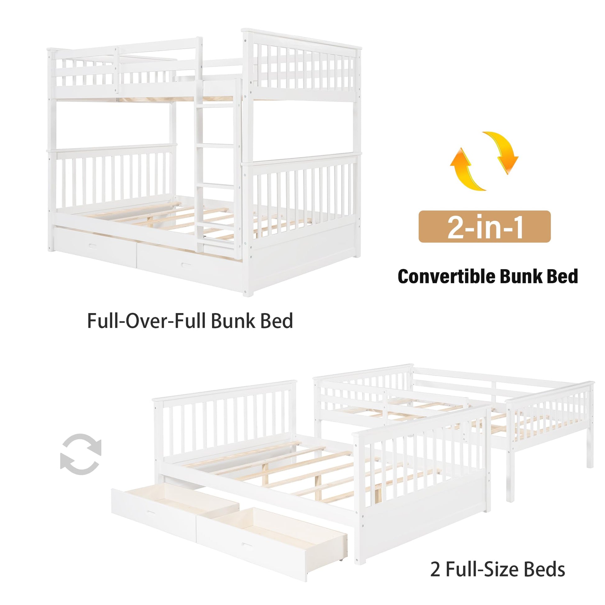 Merax White Convertible Solid Wood Bunk Bed with Ladders and Storage Drawers - Full Over Full - WoodArtSupply