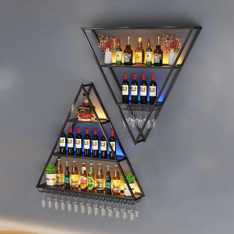 Dawselod Wall Mounted Wine Rack with LED Light, Triangle Metal Liquor Floating Shelves Display Storage Organizer with Wine Glass Rack, Ideal for Home Bar Cafe Dining Room Decoration (Black, A+B) Dawselod