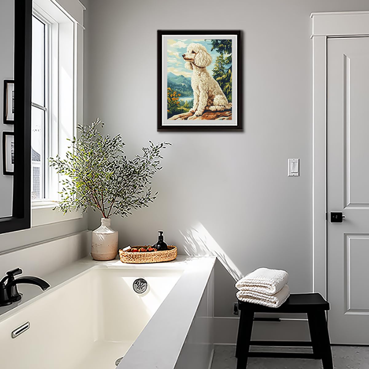 ARNLRDYA Poodle Dog Paint by Number Kits, White Sitting Dog Looking into Distance Paint by Numbers for Beginners, Funny Animals Acrylic Paints Oil Painting for Home Decor(16×20inches, No Frame) ARNLRDYA