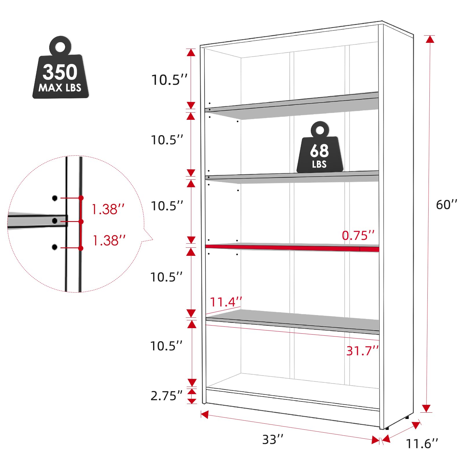 STARY 60-Inch Tall Cherry Wood 5-Shelf Bookcase for Bedroom Storage - WoodArtSupply