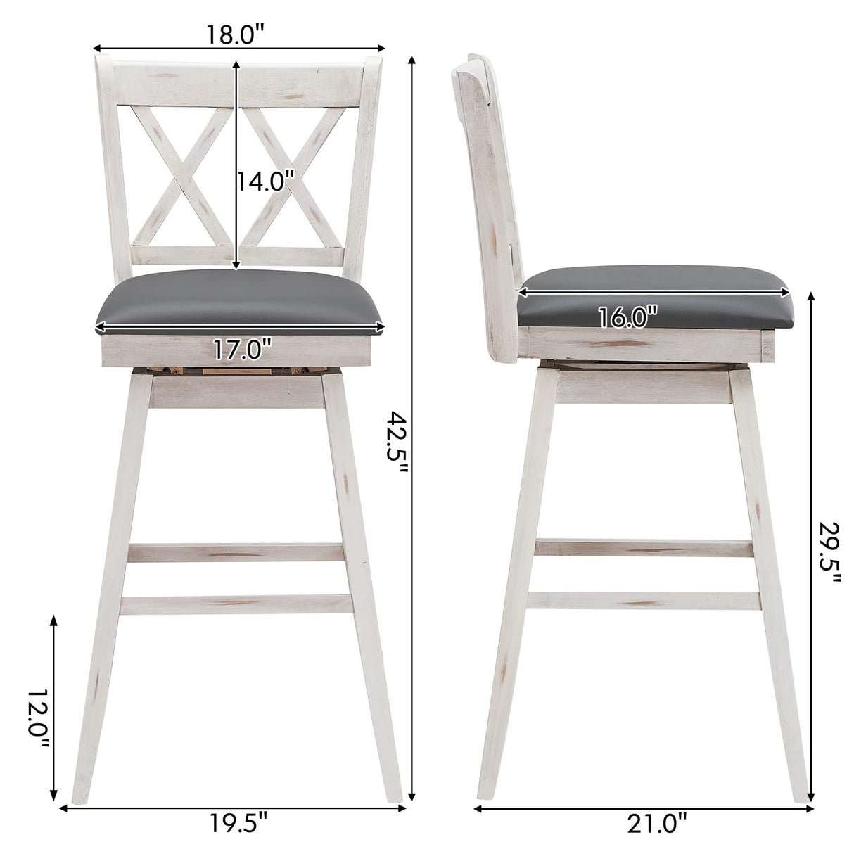 COSTWAY Bar Stool Set of 2, 360° Swivel Bar Height 29.5 inch Bar Stool with Foot Rest Upholstered Cushion & Ergonomic Backrest, Sturdy Frame, for Pub, Restaurant, Home (2, Antique White+ Grey) COSTWAY