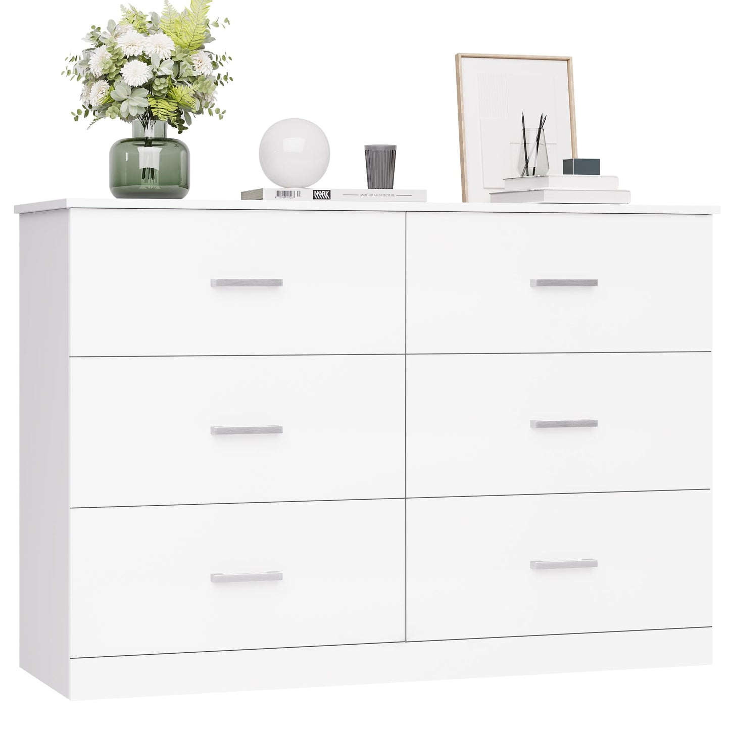 FOTOSOK White Dresser, 47.2'' Large 6 Drawer Dresser Wide Chest of Drawers for TV Stand, Modern Dresser White Floor Storage Drawer Cabinet for Home Office, White - WoodArtSupply