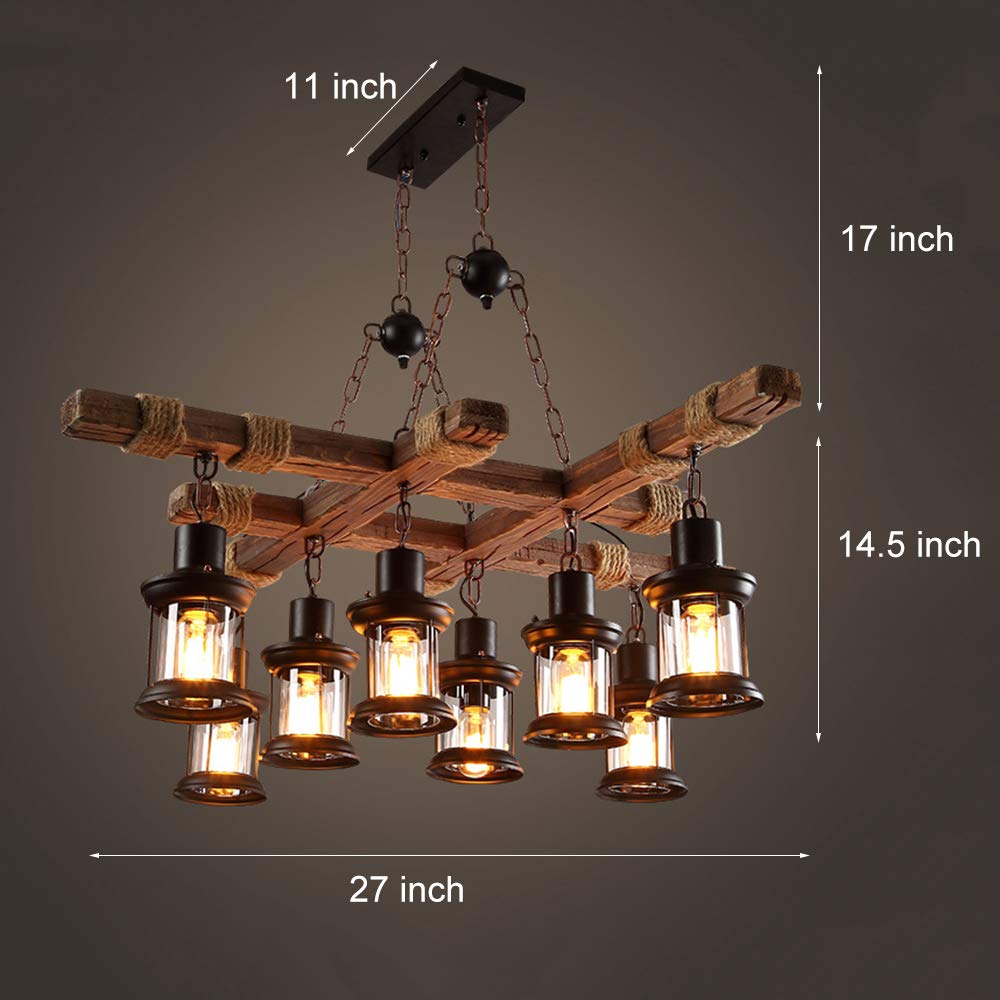 Farmhouse Chandelier Wood Hanging Pendant Lighting Vintage Ceiling Light Fixture 8 Heads for Bar Coffee Dining Table Kitchen Island Bar Easy to Install - WoodArtSupply