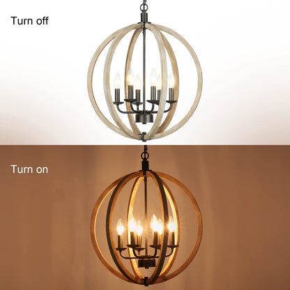 Congratsu Orb 6-Light Farmhouse Chandelier Brown Globe Handmade Wood Light Fixture for Dining Room, Living Room, Bedroom, Kitchen Island, Foyer, 20” Dia - WoodArtSupply