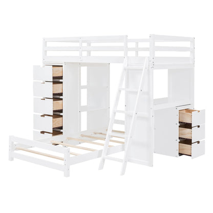 Versatile Twin Over Twin Bunk Bed with LED Light, USB Ports and Storage Solutions in White - WoodArtSupply