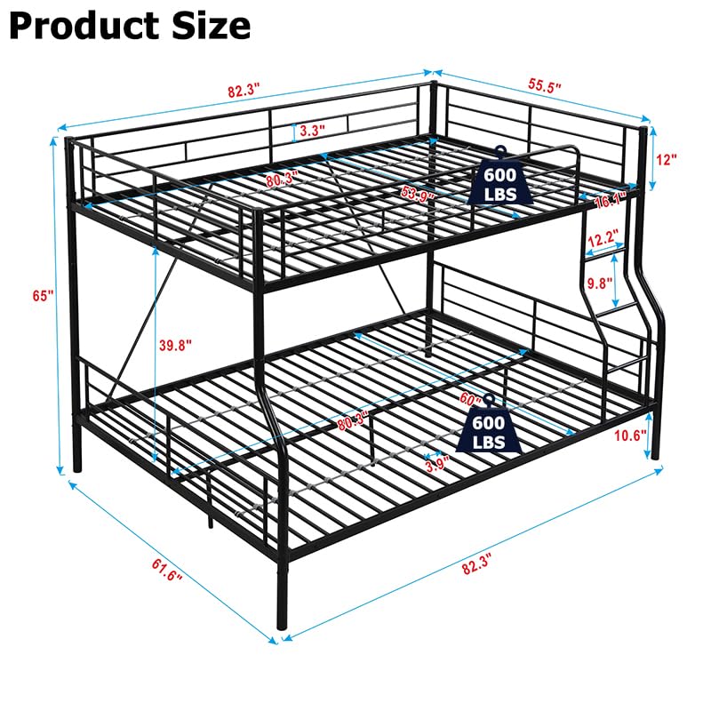 FUSVZ Metal Full XL Over Queen Bunk Beds for Adults, Heavy-Duty Bunk Bed Full XL Over Queen Size with Ladder for Kids Boys Girls Teens, Convertible to 2 separate beds, Weight capacity: 600 lbs (Black) FUSVZ