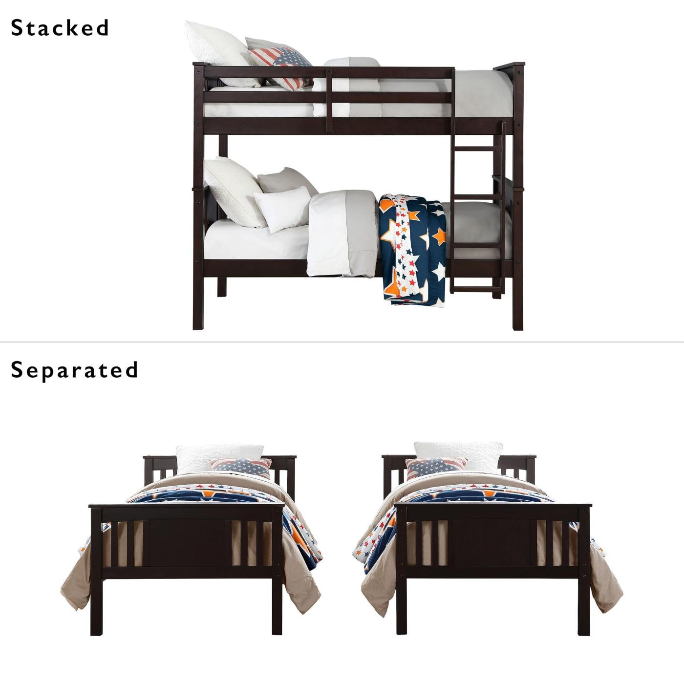 DHP Dylan Espresso Twin-Over-Twin Convertible Bunk Bed with Ladder and Guardrail - WoodArtSupply