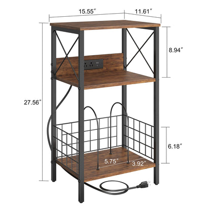 3 Tiers End Table with Charging Station, LED Side Table Turntable Stands for Vinyl Storage, Records Shelf for Albums, Vinyl Shelf Record Player Table for Living Room, Bedroom Rustic Brown