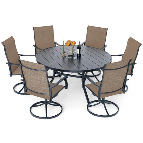 Nixtopia 7 Piece 58" Extra Large Round Patio Dining Table and Swivel Chairs Set with 6 Piece Yellow Sling Armrest Swivel Dining Chairs for 6 Person Nixtopia