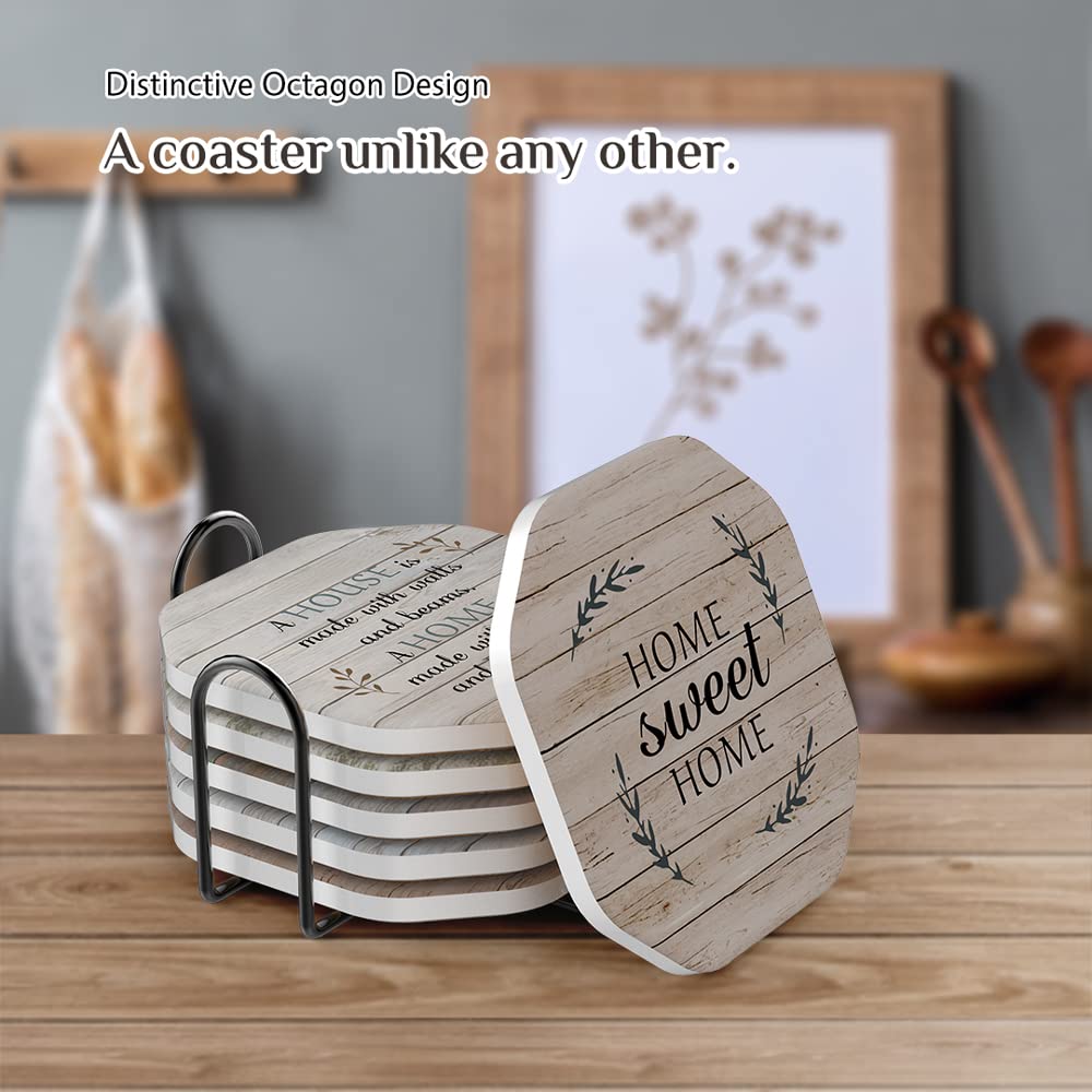 UMIRRO Rustic Farmhouse Coasters for Coffee Table Decor, Ceramic Coaster Set with Holder for Wooden Table, Cute Cup Coasters for Drinks Absorbent, Housewarming Gifts for New House/Home, 4", 6 Pack Umirro