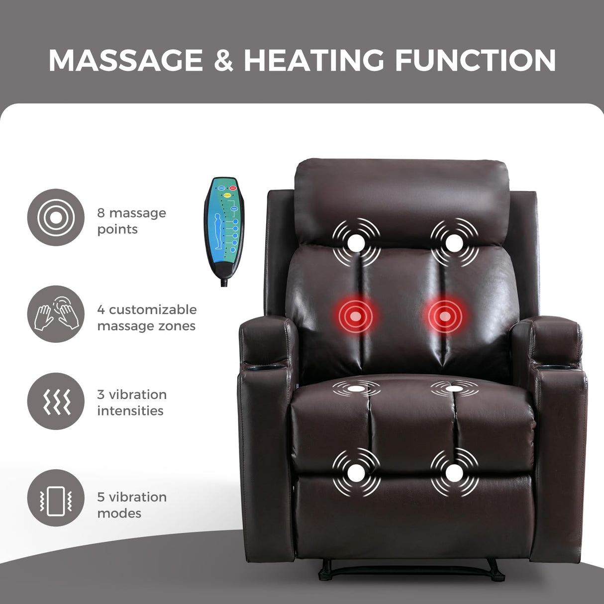 CANMOV Manual Recliner Chair with Massage and Heat,Breathable Leather Recliner Chair with Armrest and Backrest, Manual Reclining Single Sofa with 2 Cup Holders, Side Pocket for Living Room,Dark Brown CANMOV