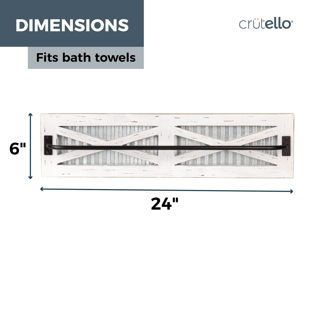 Crutello Rustic Towel Bar with Galvanized Backing for Bathrooms, 24x6 Inches - Wall Mounted Towel Rack White Wood & Black Metal Bar, Farmhouse Decor Crutello