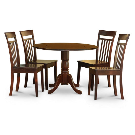 East West Furniture DLCA5-MAH-W Dublin 5 Piece Set Includes a Round Dining Room Table with Dropleaf and 4 Wood Seat Chairs, 42x42 Inch, Mahogany - WoodArtSupply