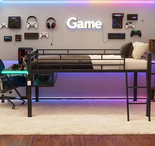 Bellemave Full Loft Bed with Desk, Gaming mid loft Bed with Desk, LED for Adults, Teens, Kids, Black Bellemave
