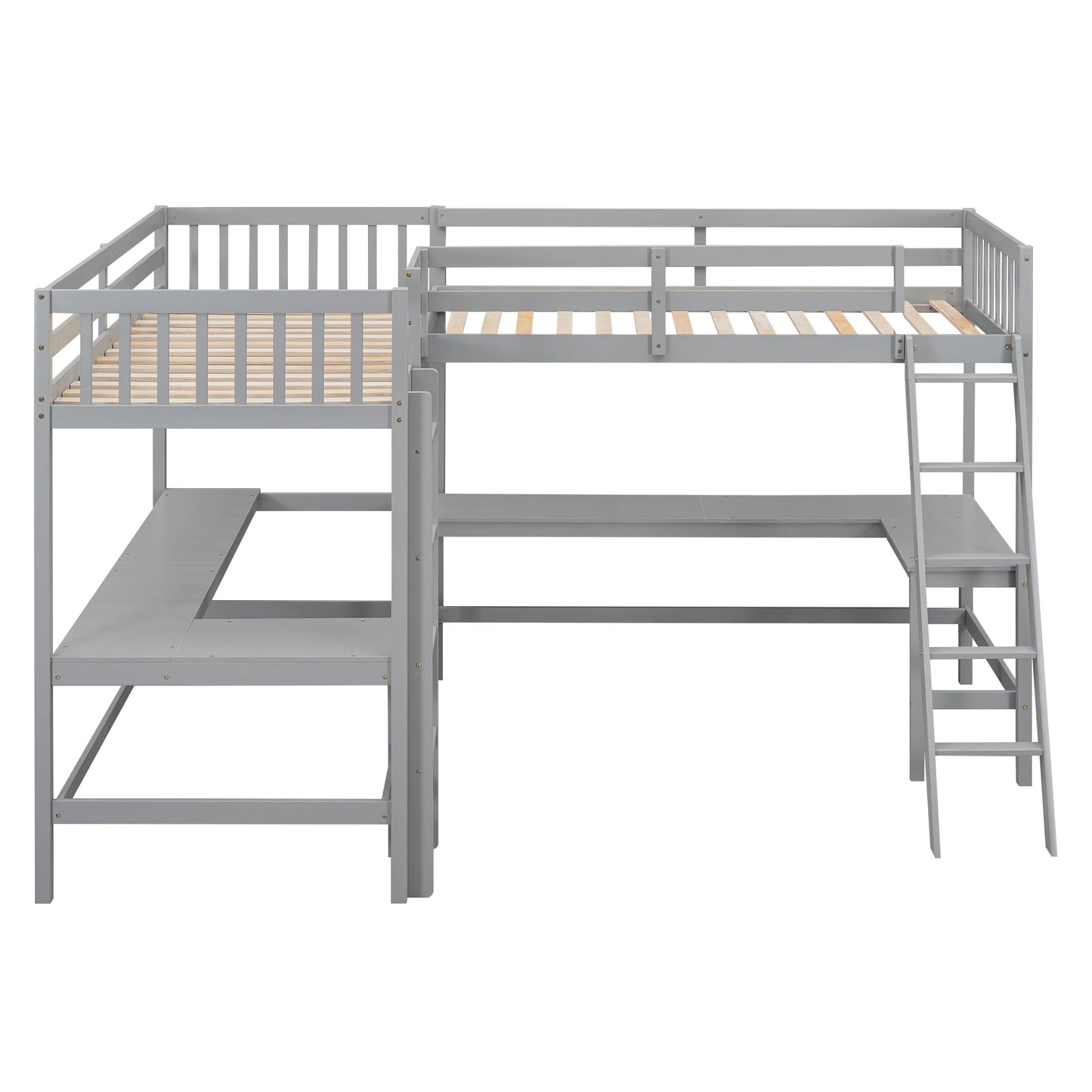 CITYLIGHT Twin Size L-Shaped Loft Bed with Built-in Desks – Grey, Perfect for Kids and Teens - WoodArtSupply