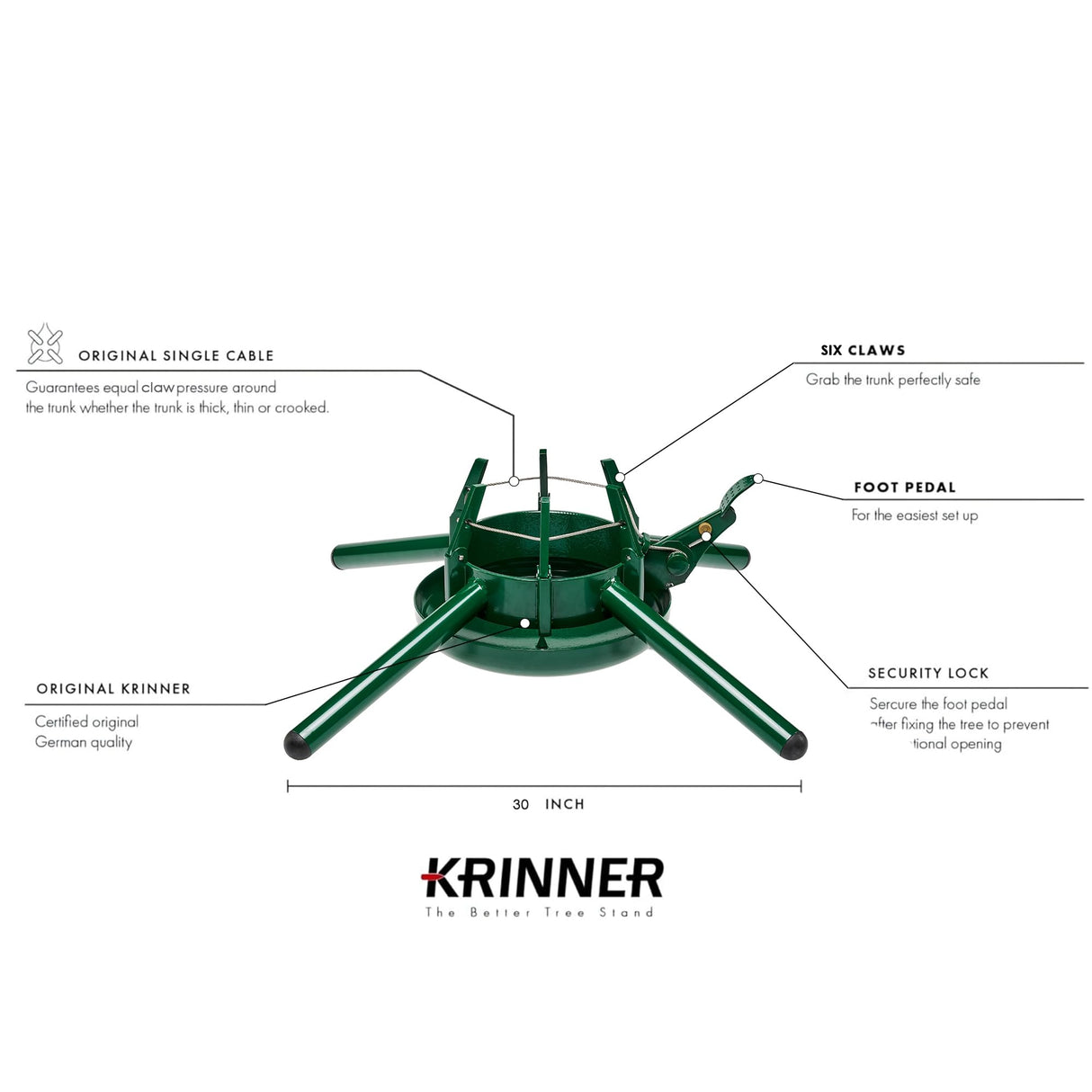 KRINNER Christmas Tree Genie Steel - Green Tree Stand - Original Single Cable Operation, Holds up to 15 ft Live Trees - Foot Pedal Setup & Water Reservoir - 4 Stabilizing Feet, German Made Krinner