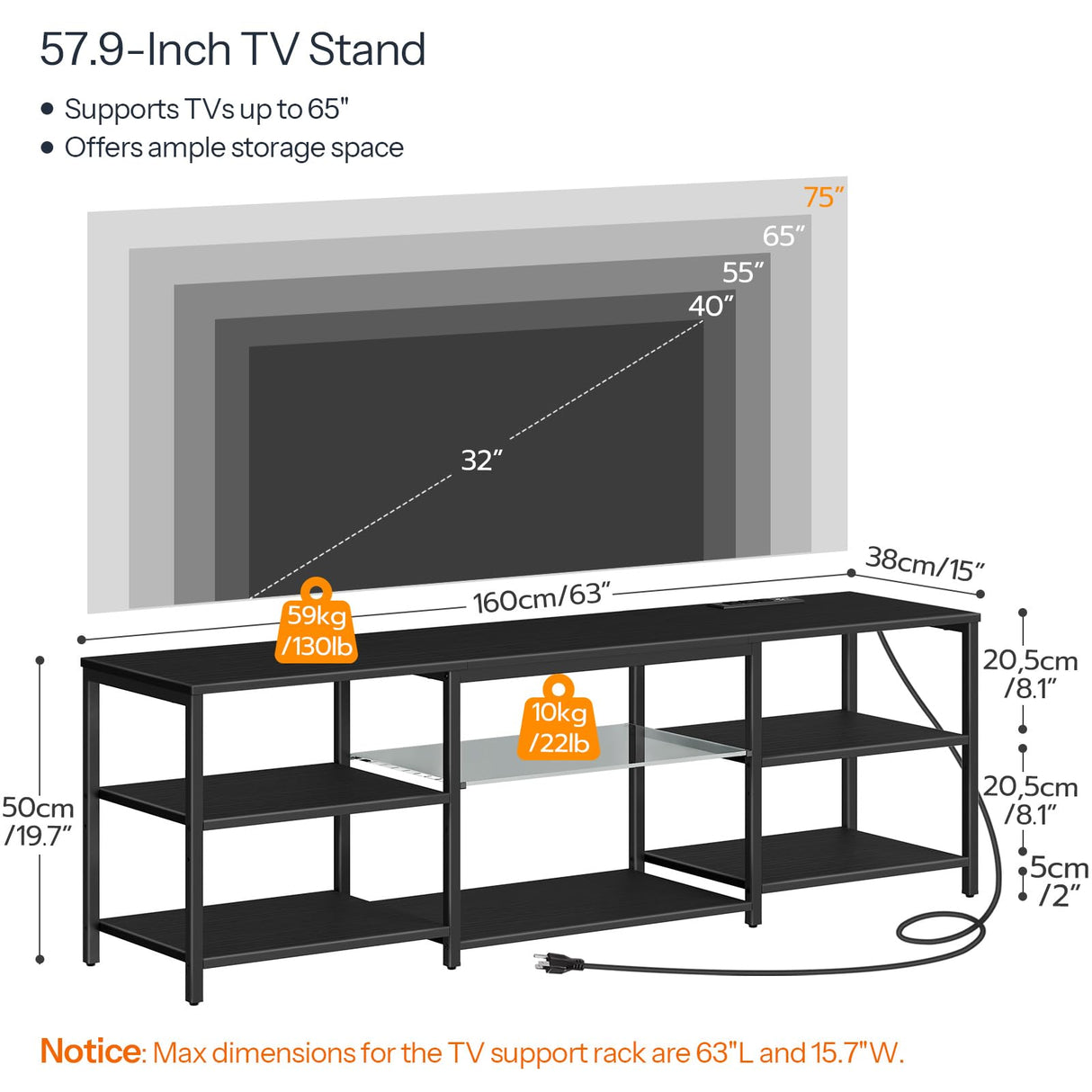 HOOBRO LED TV Stand for 75 Inch TVs with Charging Station, Gaming Entertainment Center with 3-Tier Open Storage, Long 63” Media TV Console Table, TV Stand for Living Room, Bedroom, Black BB21UDDS01 HOOBRO