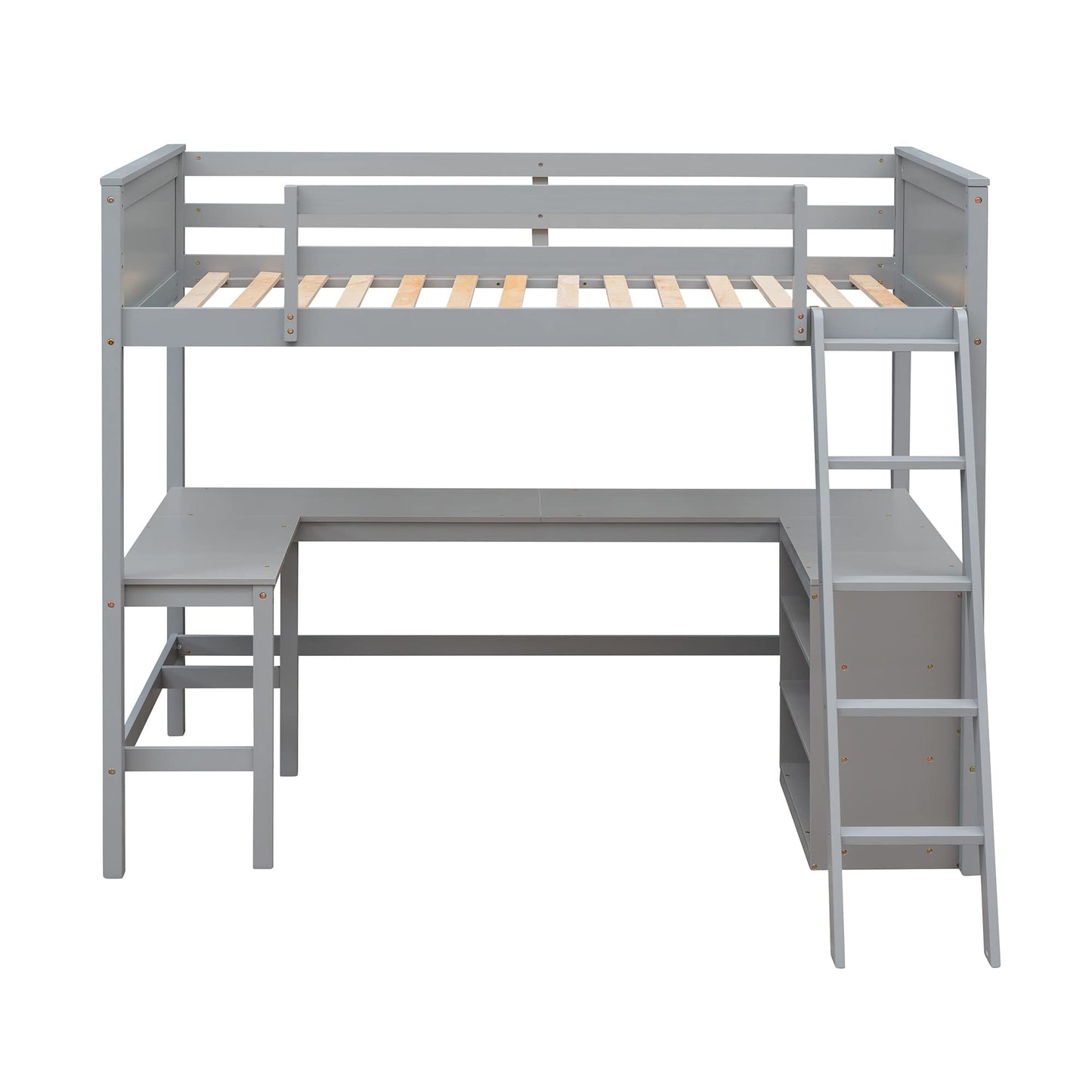 LostCat Twin Size Loft Bed with L-Shaped Desk and Storage Shelves for Kids and Teens - Grey - WoodArtSupply