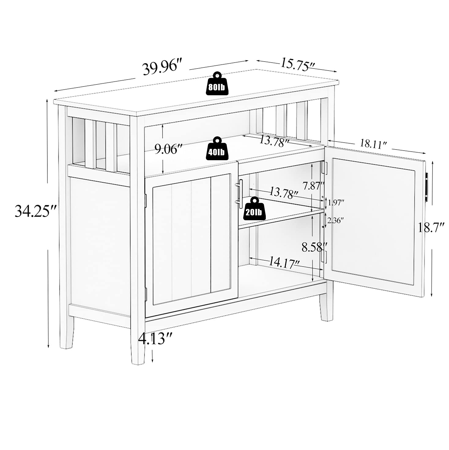 RASOO Buffet Cabinet White Kitchen Sideboard Buffet Storage Server Cupboard Cabinet Console Table with 2 Doors and Adjustable Shelf - WoodArtSupply