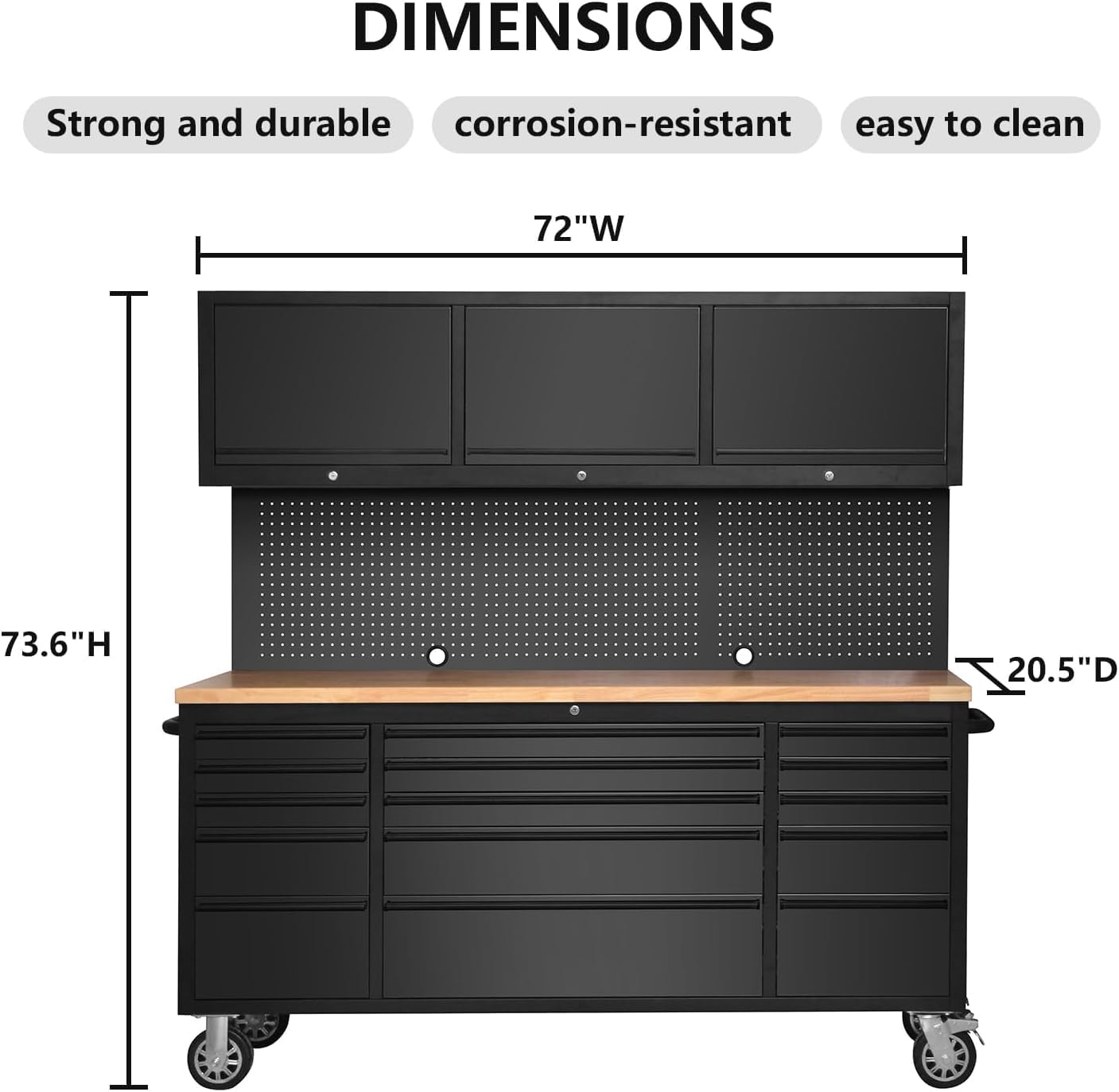 CHETTO 72" Tool Chest Rolling Tool Box 15 Storage Drawers 3 Upper Cabinet Pegboard Large Toolbox with Wheels for Warehouse Basement Home Pantry Garage Black