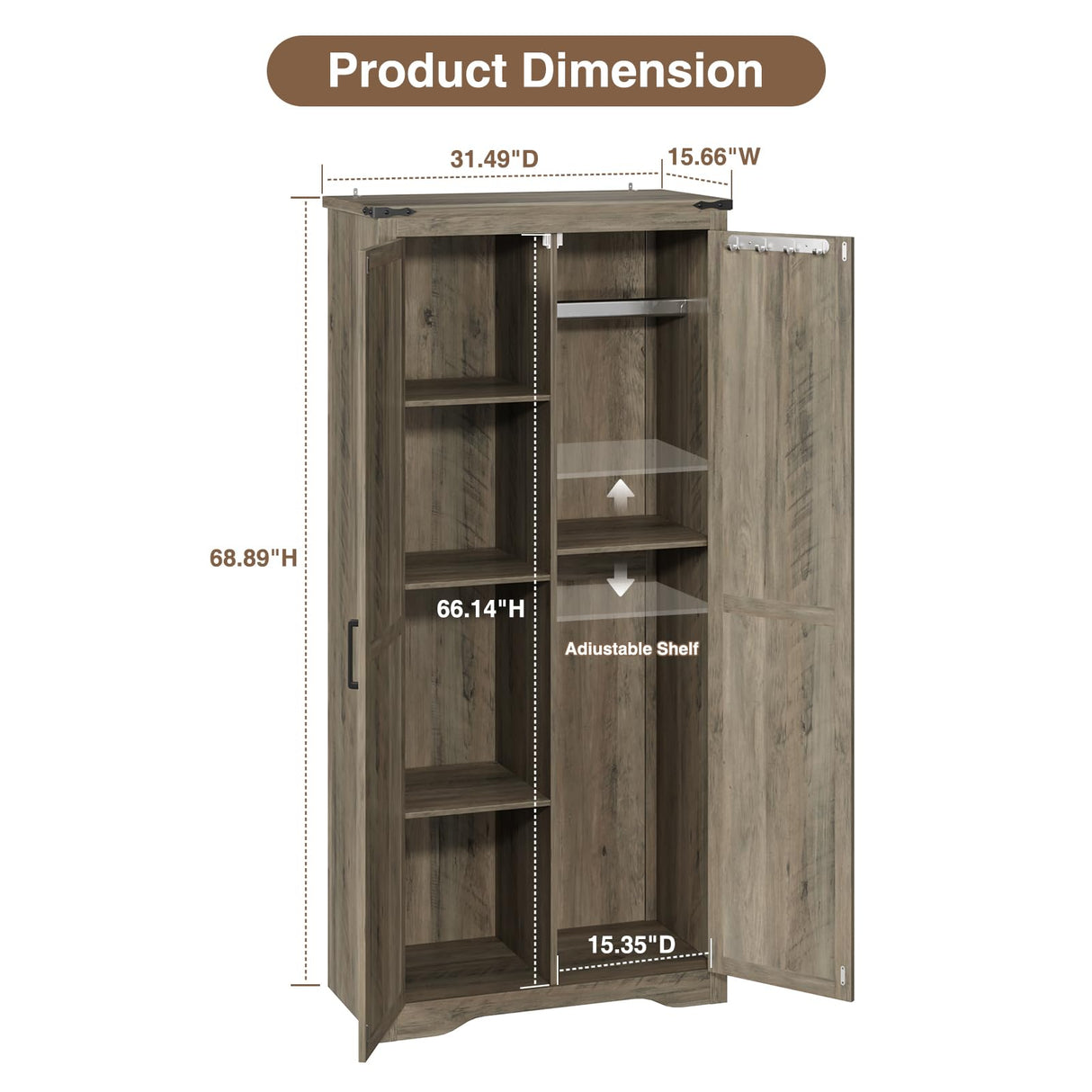 Befrases Farmhouse Rustic Grey Storage Cabinet with Adjustable Shelves, Large Pantry Organize with 2 Barn Doors, Tall Freestanding Cabinet for Kitchen, Bathroom/Garage/Basement/Living/Utility Room Befrases