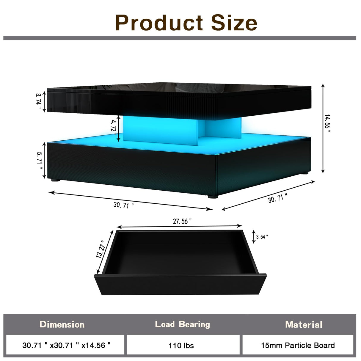 FKWin LED Coffee Table for Living Room with Storage - High Glossy Modern White Center Table with 2 Drawers, Square Wooden Middle Table with 16-Color Lights 31"" x 31"" x 14.6"" (Black) FKWin