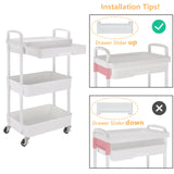 Calmootey 3-Tier Rolling Utility Cart with Drawer,Multifunctional Storage Organizer with Plastic Shelf & Metal Wheels,Storage Cart for Kitchen,Bathroom,Living Room,Office,White Calmootey