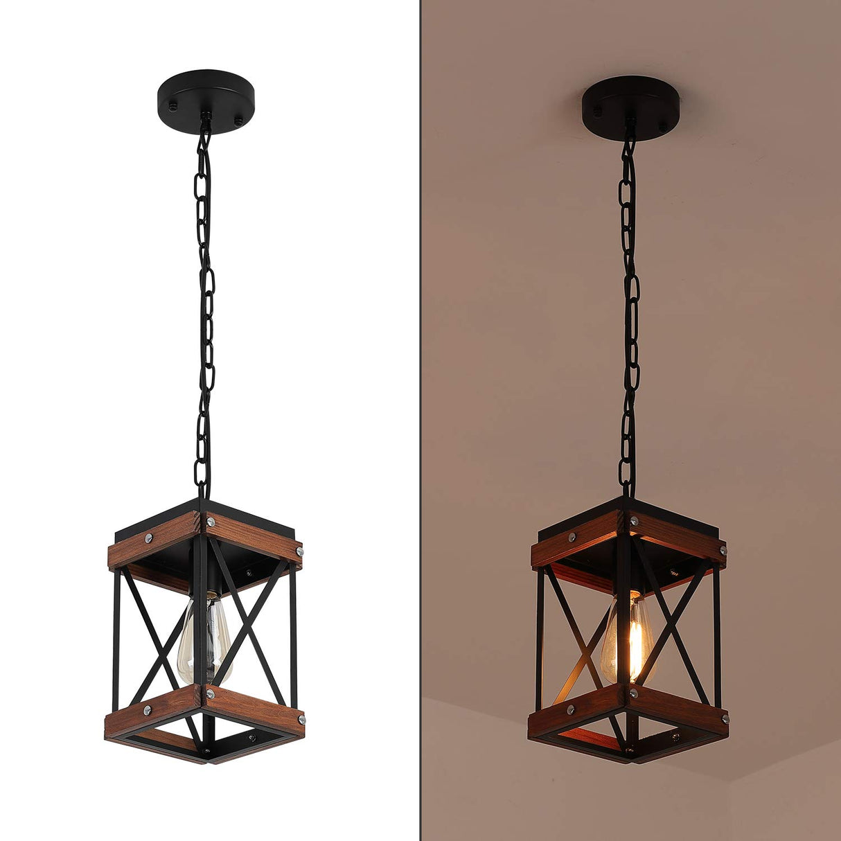 Fivess Lighting Rustic Farmhouse Pendant Light with Wood and Metal Cage, One-Light Adjustable Chains Industrial Mini Pendant Lighting Fixture for Kitchen Island Cafe Bar, Black Fivess Lighting