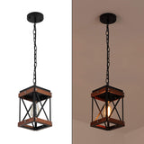 Fivess Lighting Rustic Farmhouse Pendant Light with Wood and Metal Cage, One-Light Adjustable Chains Industrial Mini Pendant Lighting Fixture for Kitchen Island Cafe Bar, Black Fivess Lighting