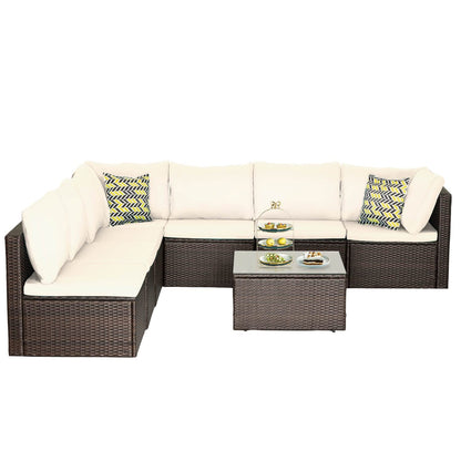 PayLessHere 8 Piece Patio Furniture Set Outdoor Furniture Sectional Sofa Set Rattan Wicker Conversation Set Coffee Table Khaki Cushion for Backyard Porch Balcony Poolside Garden