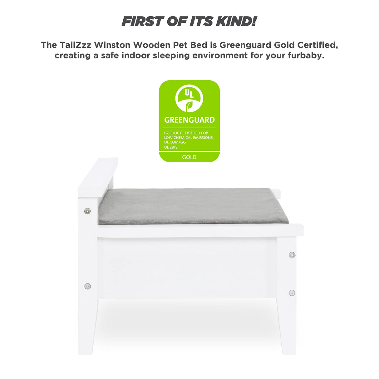 TailZzz Wooden Dog Bed with Water-Resistant Mattress, Small to Medium Elevated Pet Bed with Calming Pet Mattress, Greenguard Gold Certified, Modern Dog Couch, Winston, White TailZzz