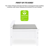 TailZzz Wooden Dog Bed with Water-Resistant Mattress, Small to Medium Elevated Pet Bed with Calming Pet Mattress, Greenguard Gold Certified, Modern Dog Couch, Winston, White TailZzz