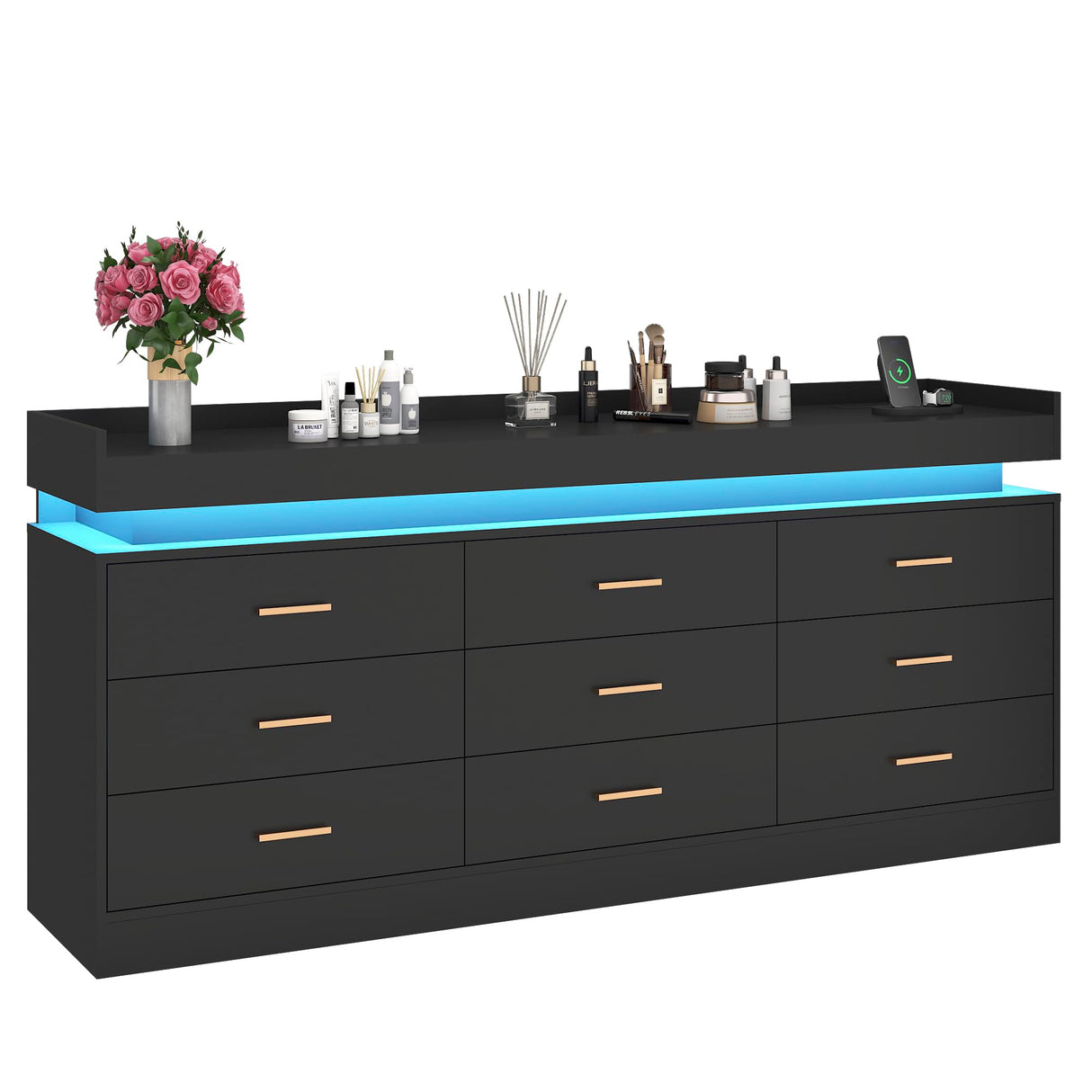 9 Drawer Dresser with LED Light and Charging Station, 63" Modern Chest of Drawers for Closet, Wide Drawer Organizer Cabinet for Bedroom, Living Room, Entryway, Hallway, Black Hlivelood