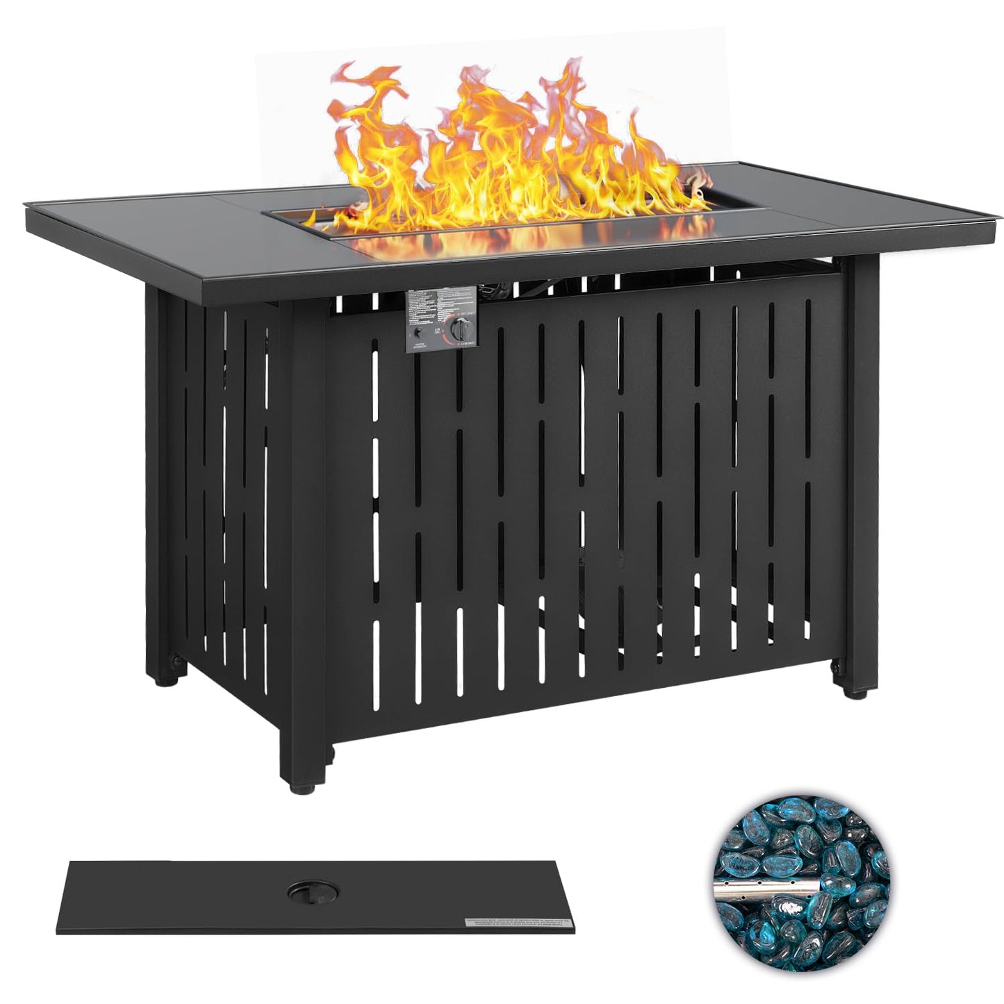 Greesum 43 Inch Outdoor Gas Fire Pit Table, 50,000 BTU Steel Propane Firepit with Blue Glass Rock, Add Warmth and Ambience to Parties On Patio Garden Backyard, Black - WoodArtSupply