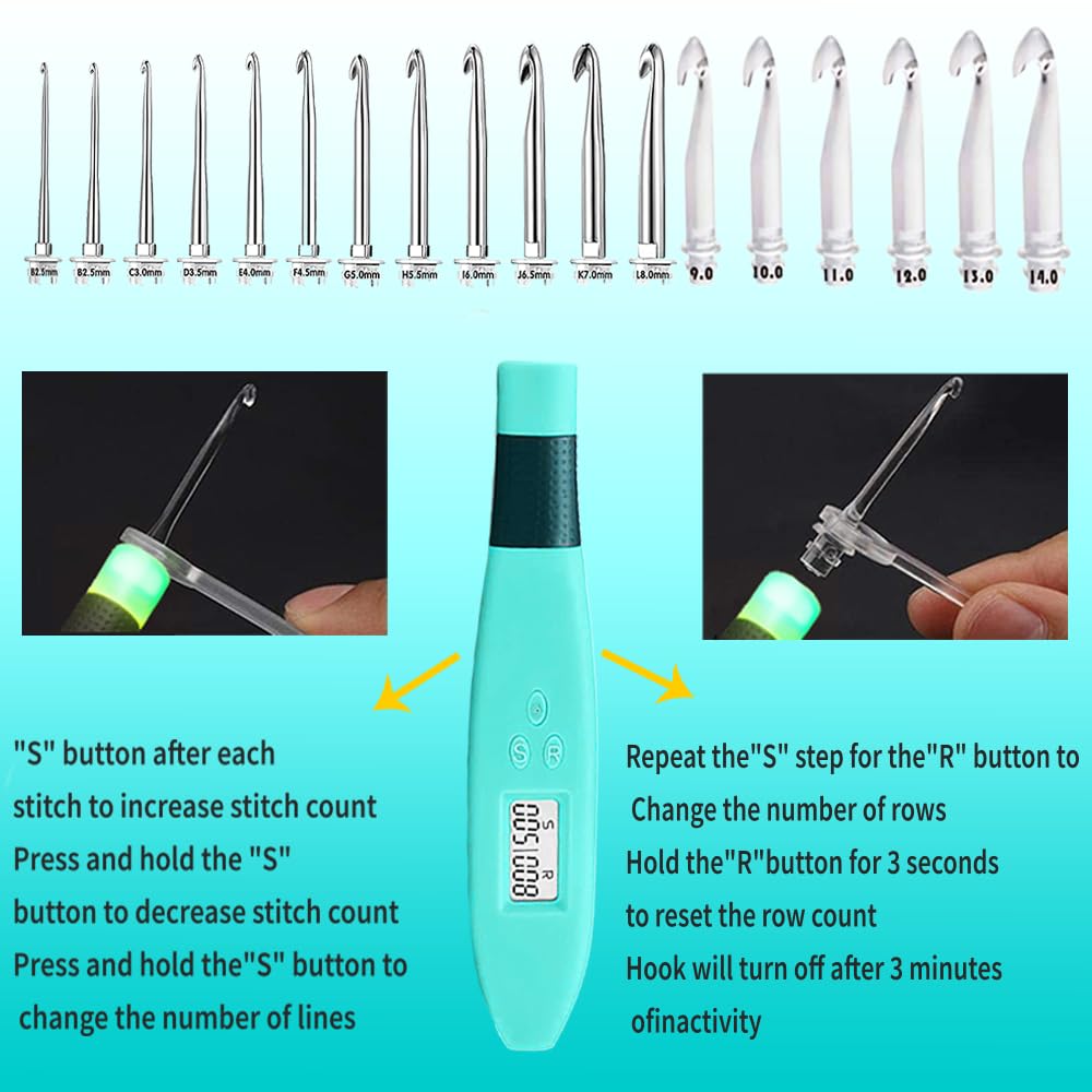 Yarniss 18 Size Counting Crochet Hooks with Light, Digital Counter Crochet Hooks Set with Case (2.0mm~14.0mm) Yarniss