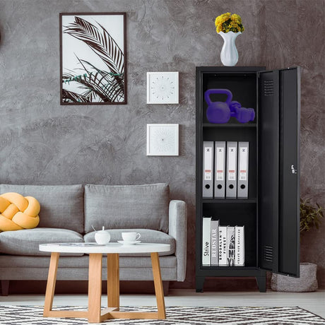 iCHENGGD Metal Cabinet, 47" H Home Office Storage Lockers, Vertical Steel Storage Cabinet with Locking Door and 2 Adjustable Shelves, Small Metal Locker Cabinets (1 Door, Black) iCHENGGD