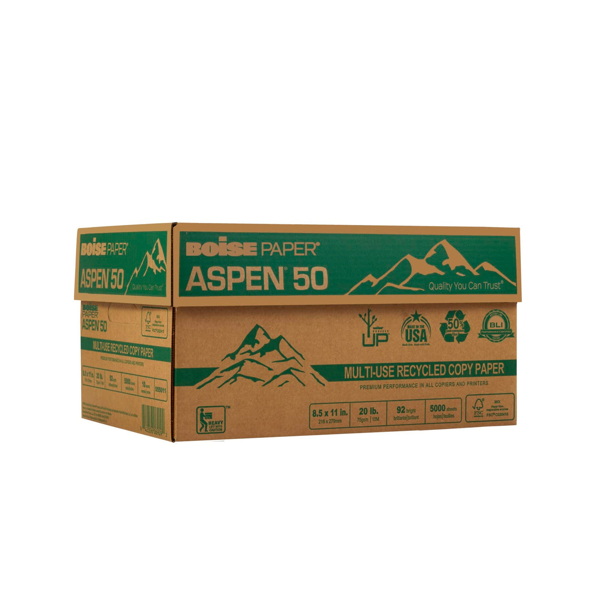 BOISE – Aspen 50% Recycled Office Paper, 92 Bright, 20lb, 8-1/2 x 11, White, 5000/CT Boise