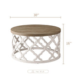 karlott Farmhouse Coffee Table, French Country Round Coffee Table, Coastal Coffee Table with Distressed Top, Boho Coffee Table with Curved Motif Frame Base for Living Room, Dining Room, Bedroom karlott