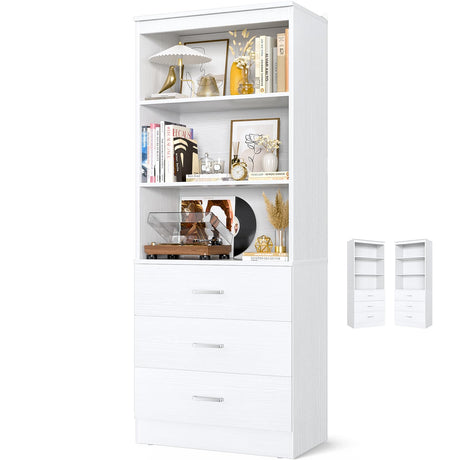 Aheaplus 71 Inches Bookshelf with Drawers, Wooden Bookcase with Open Shelves, 6-Tier Tall Storage Cabinet Book Shelf Storage Organizer for Living Room, Home Office, White (No Charge Station) Aheaplus