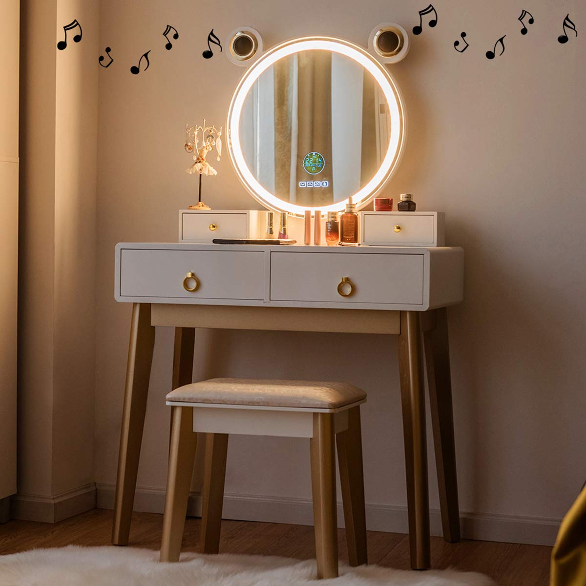 CHARMAID Vanity Set with Lighted Mirror, 3 Color Touch Screen Dimming Mirror with Display, 4 Drawers with Jewelry Organizer, Bedroom Makeup Dressing Table with Cushioned Stool - WoodArtSupply